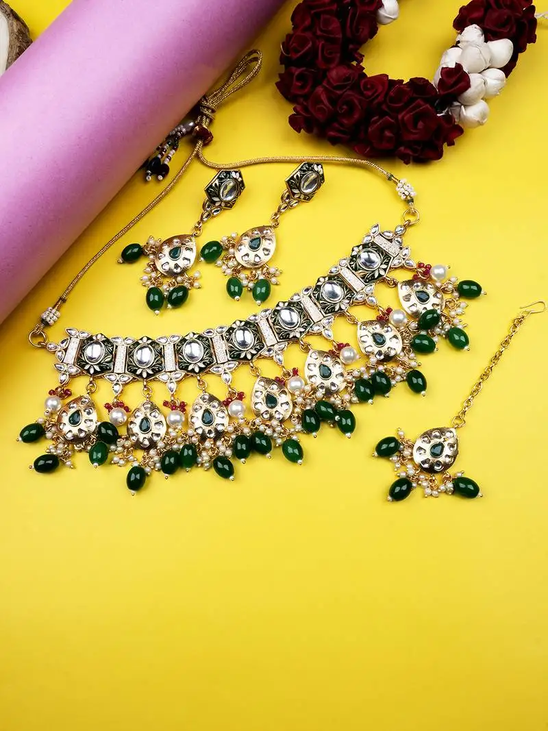 Gold plated green meenakari kundan necklace set