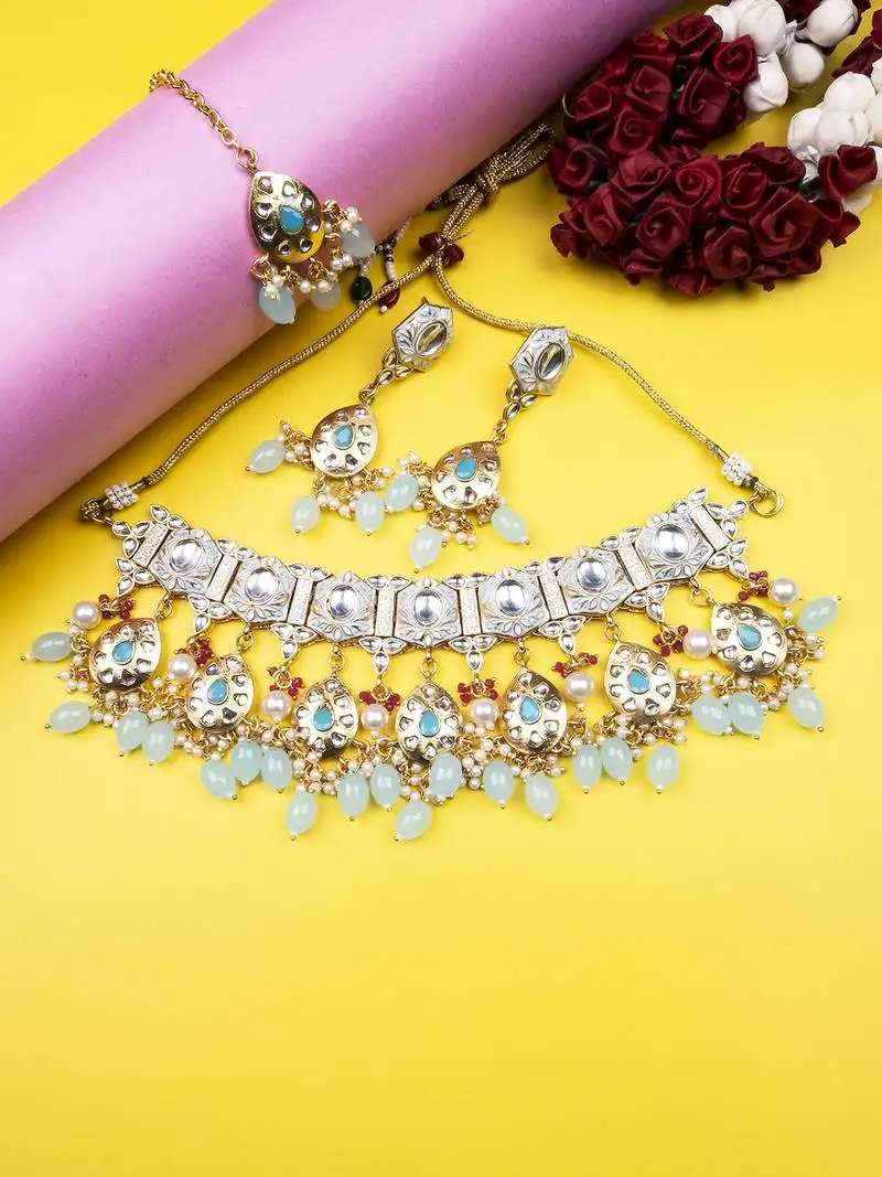 Gold plated light blue meenakari kundan necklace set