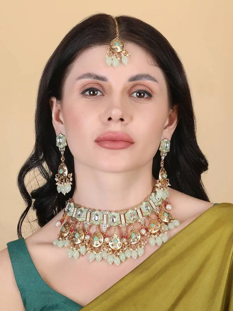 Gold plated light green meenakari kundan necklace set