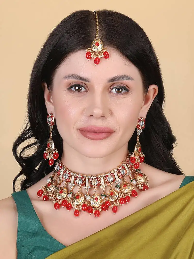 Gold plated red meenakari kundan necklace set