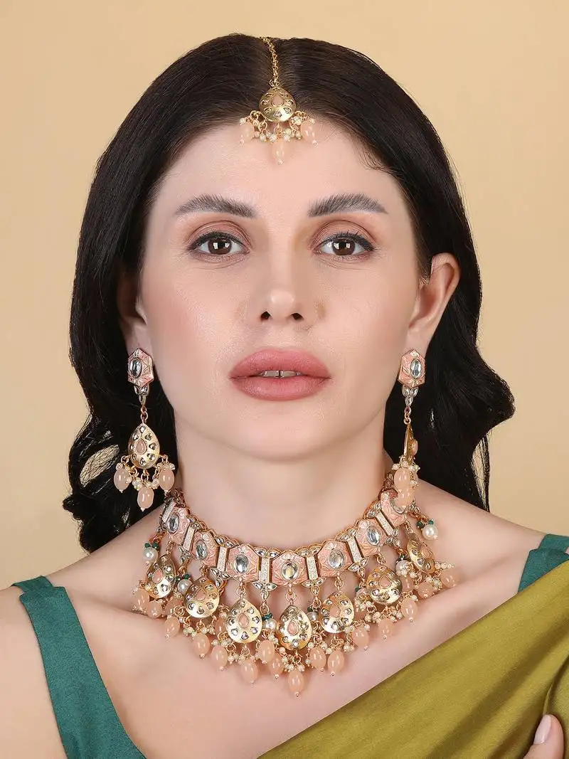 Gold plated peach meenakari kundan necklace set