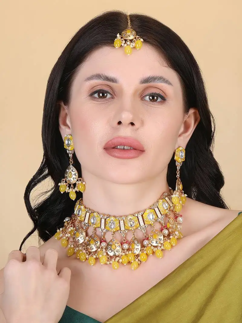 Gold plated yellow meenakari kundan necklace set