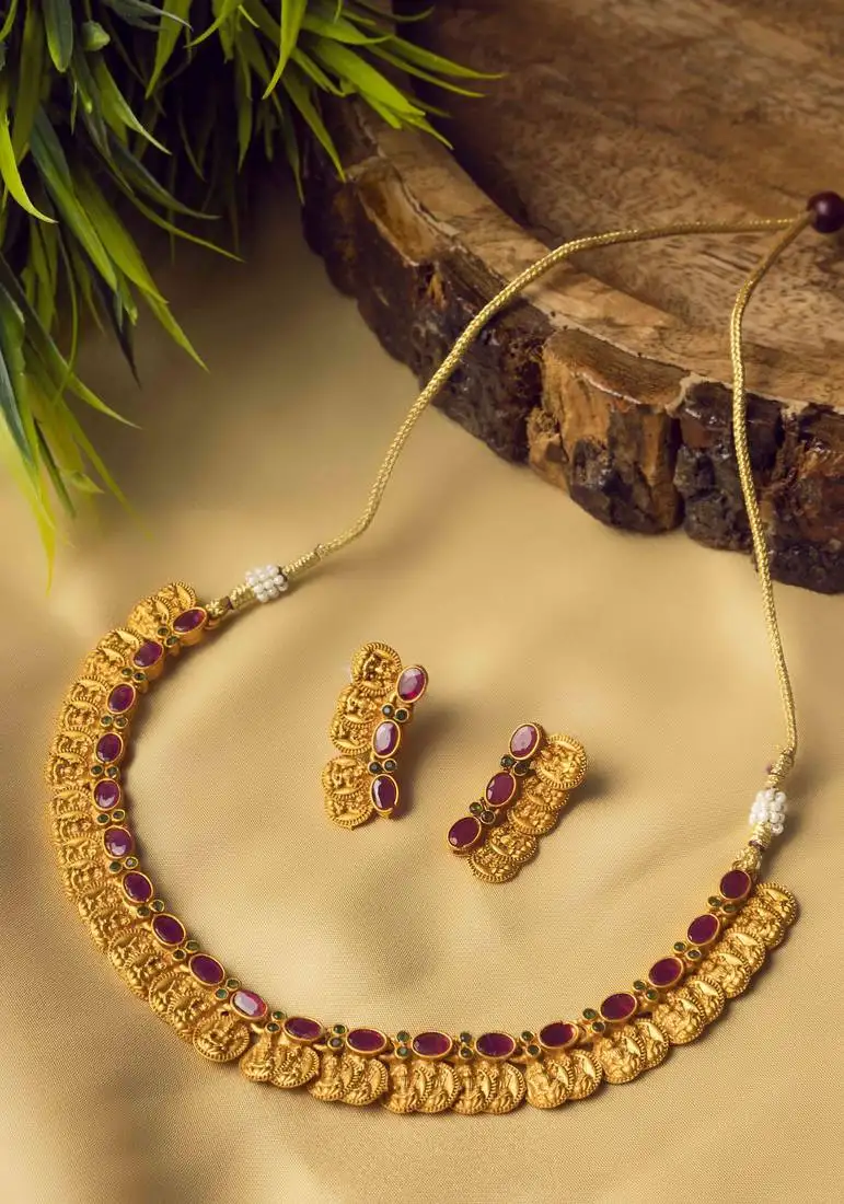 Gold plated green kemp laxmi coin necklace set