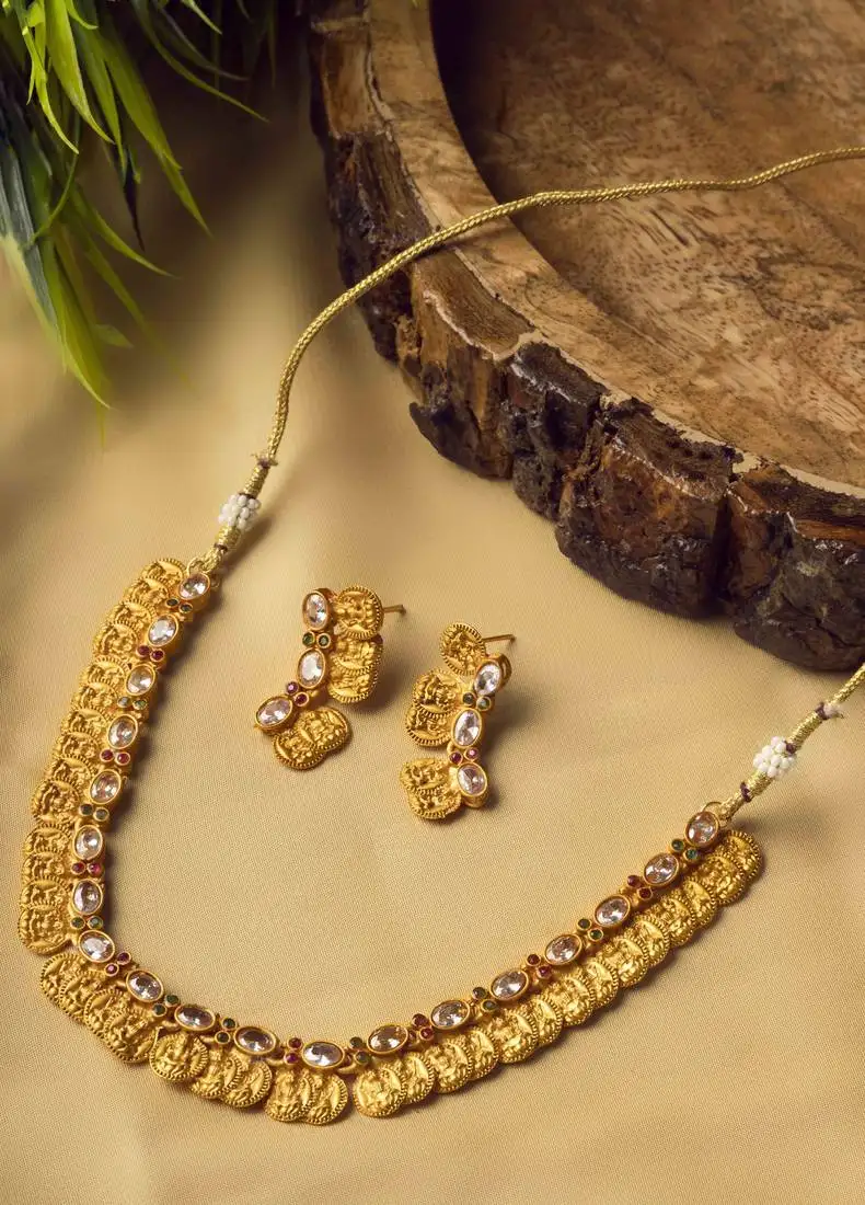 Gold plated white kemp laxmi coin necklace set
