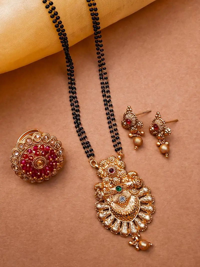 Gold plated rajwadi mangalsutra and red hydra adjustable ring combo set