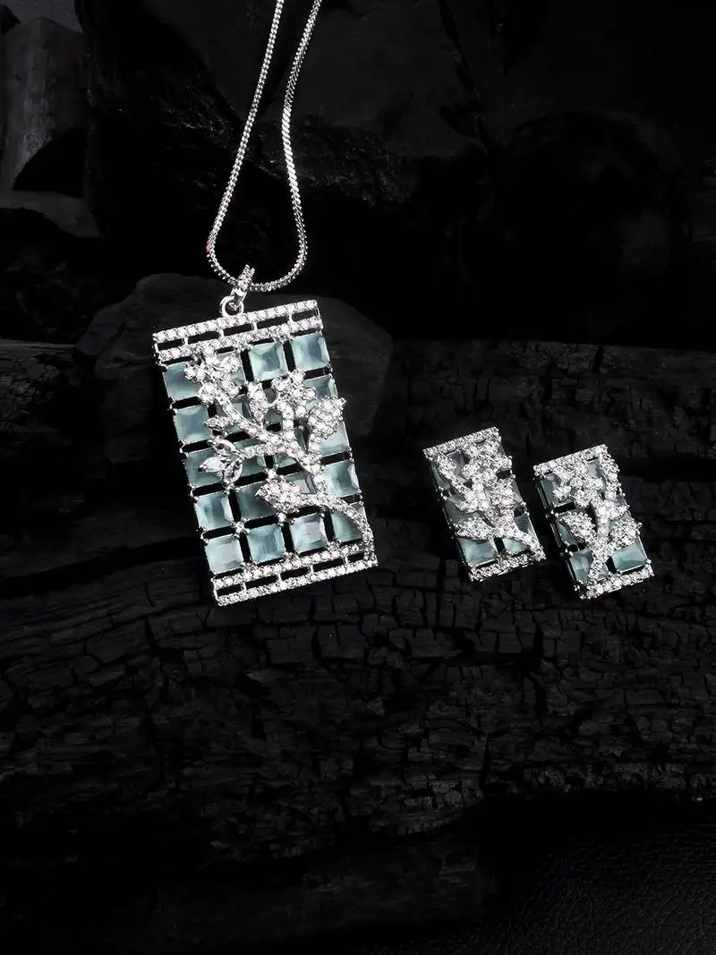 Silver plated square turquoise ad pendant set with earrings