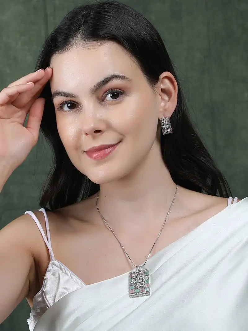 Silver plated square multicolor ad pendant set with earrings