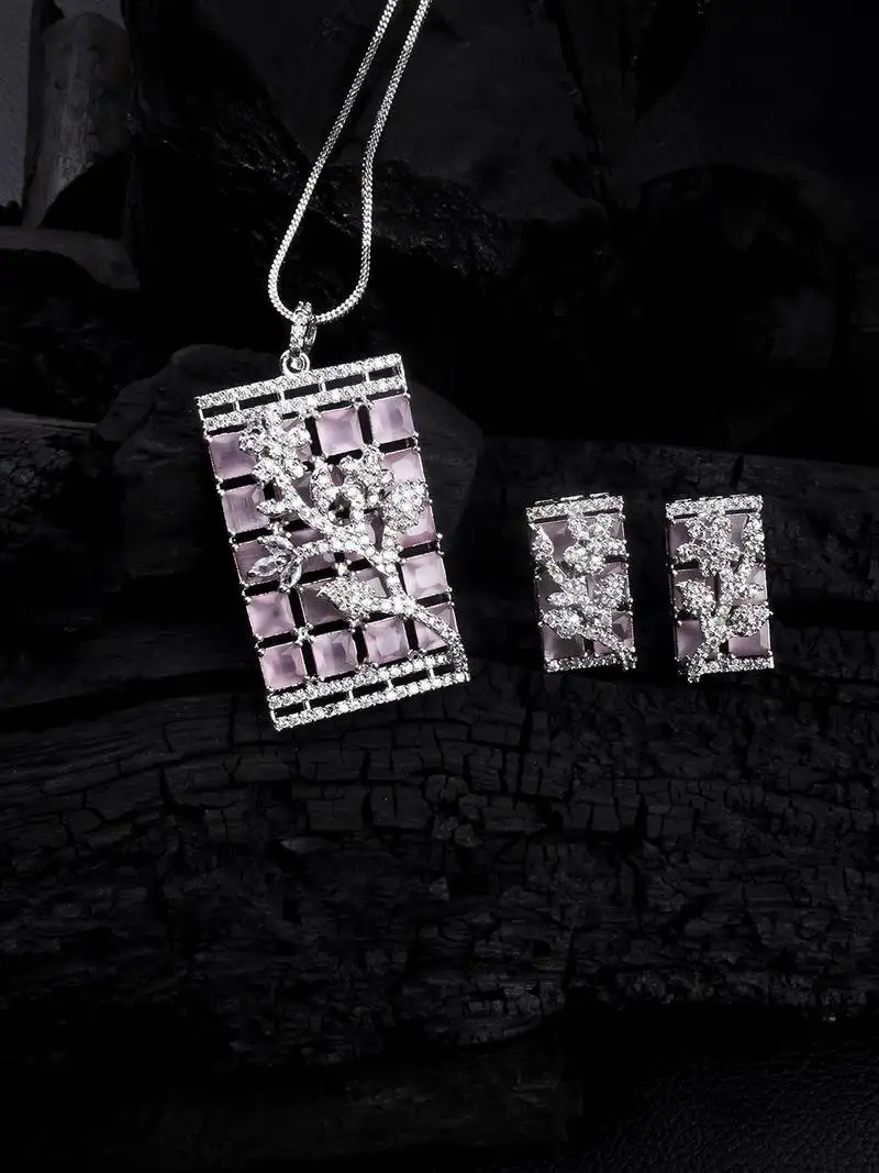 Silver plated square pink ad pendant set with earrings