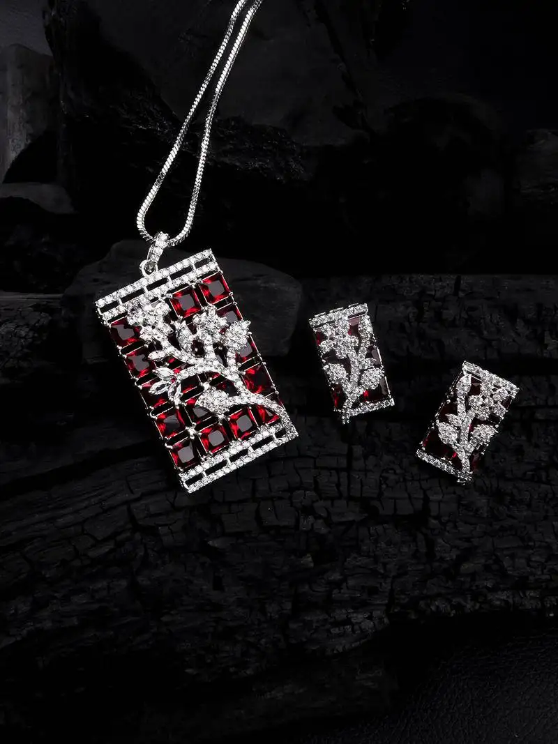 Silver plated square ad pendant set with earrings