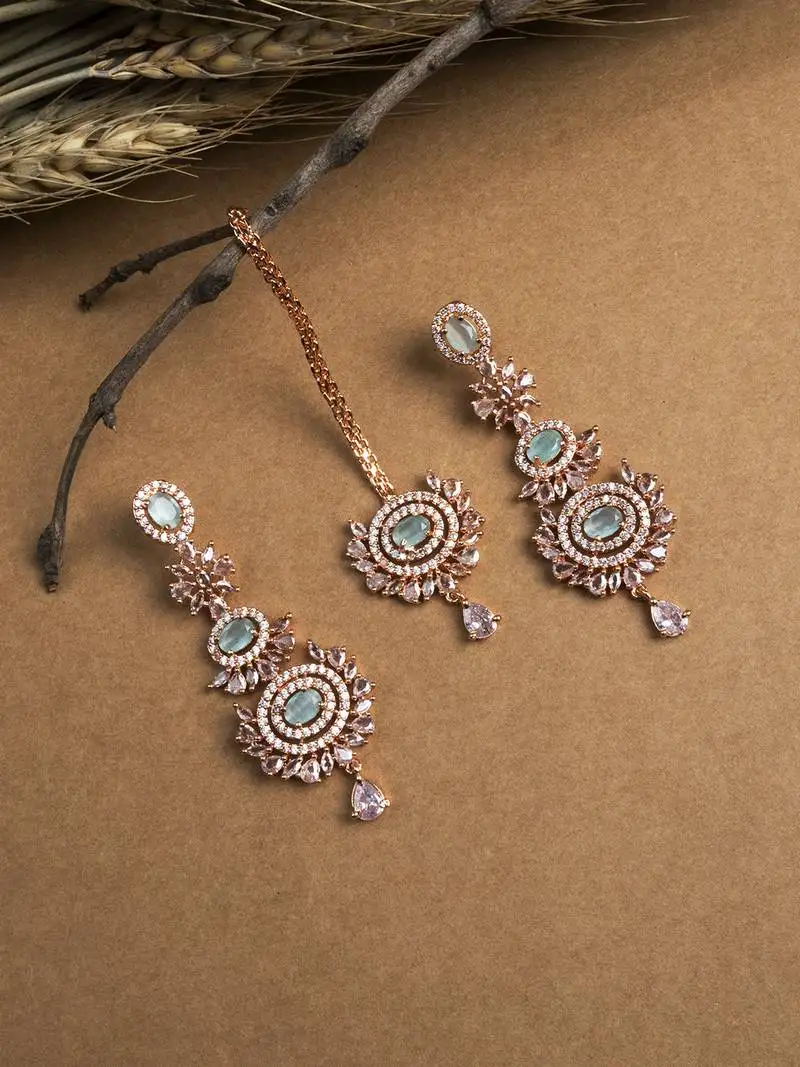 Rose gold-plated radiant royale ad-cz earrings-maangtikka set