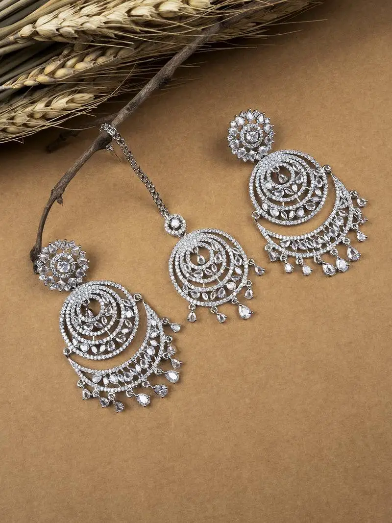 Premium designer silver-plated cz earrings-maangtikka set