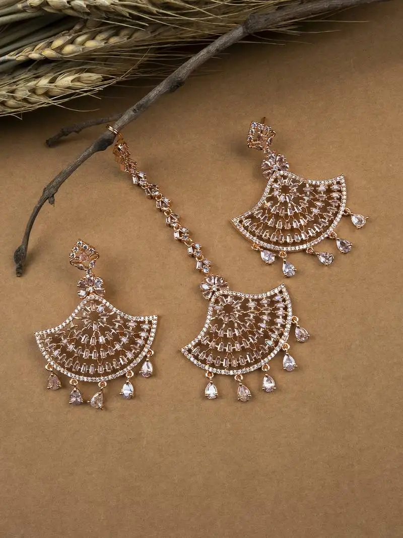 Rose gold-plated regal glimmer cz earrings-maangtikka set for perfect party look