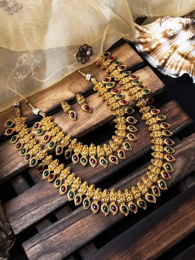 Gold plated ruby green mango patti double line necklace set