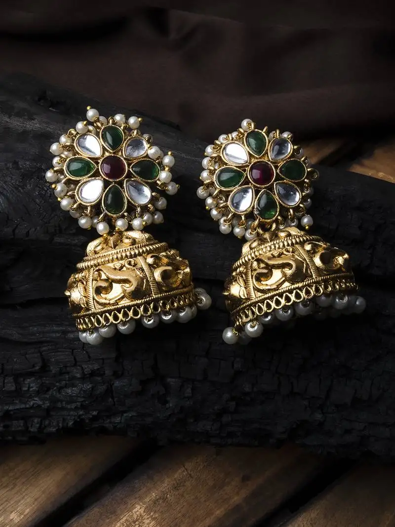 Gold plated multicolor kundan jhumki
