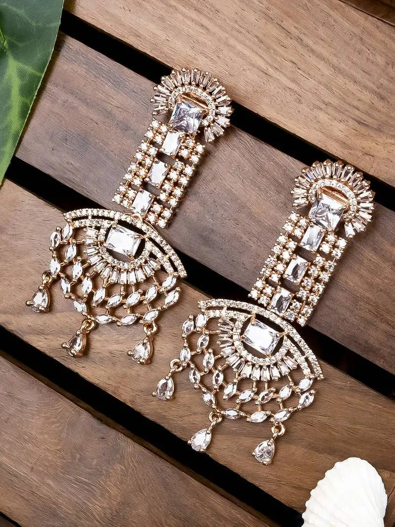 Rose gold white american diamond shoulder length earrings