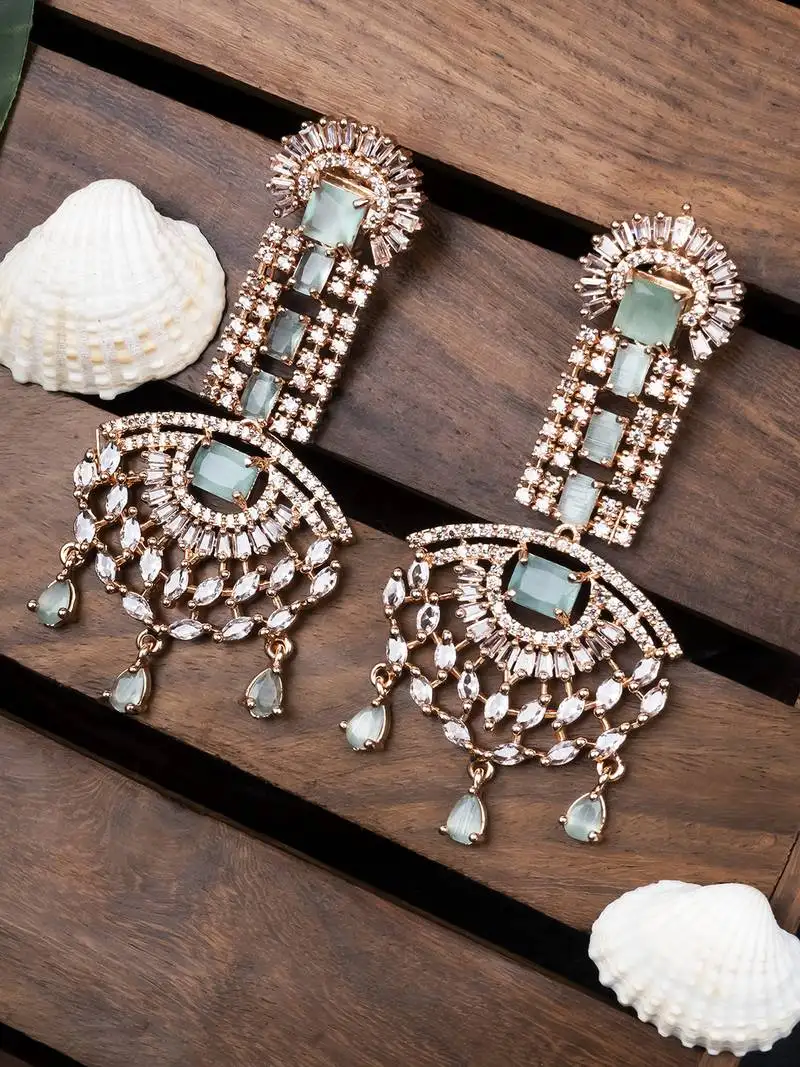 Rose gold turquoise american diamond shoulder length earrings