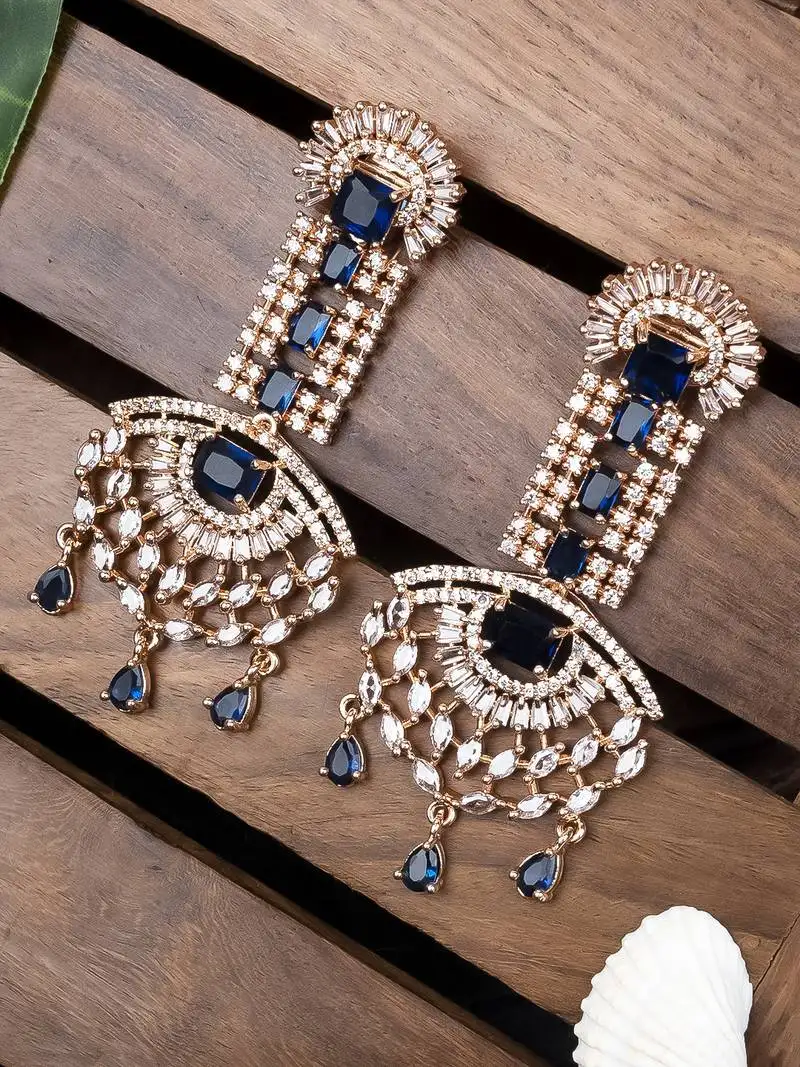 Rose gold blue american diamond shoulder length earrings