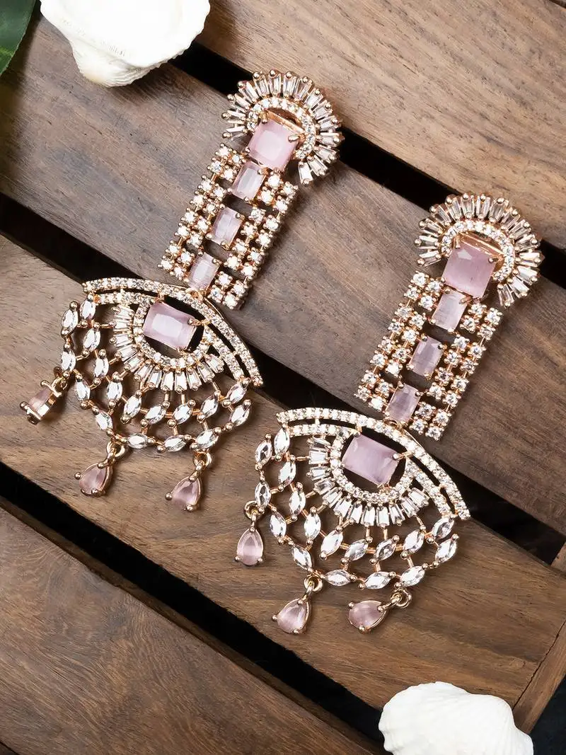 Rose gold pink american diamond shoulder length earrings