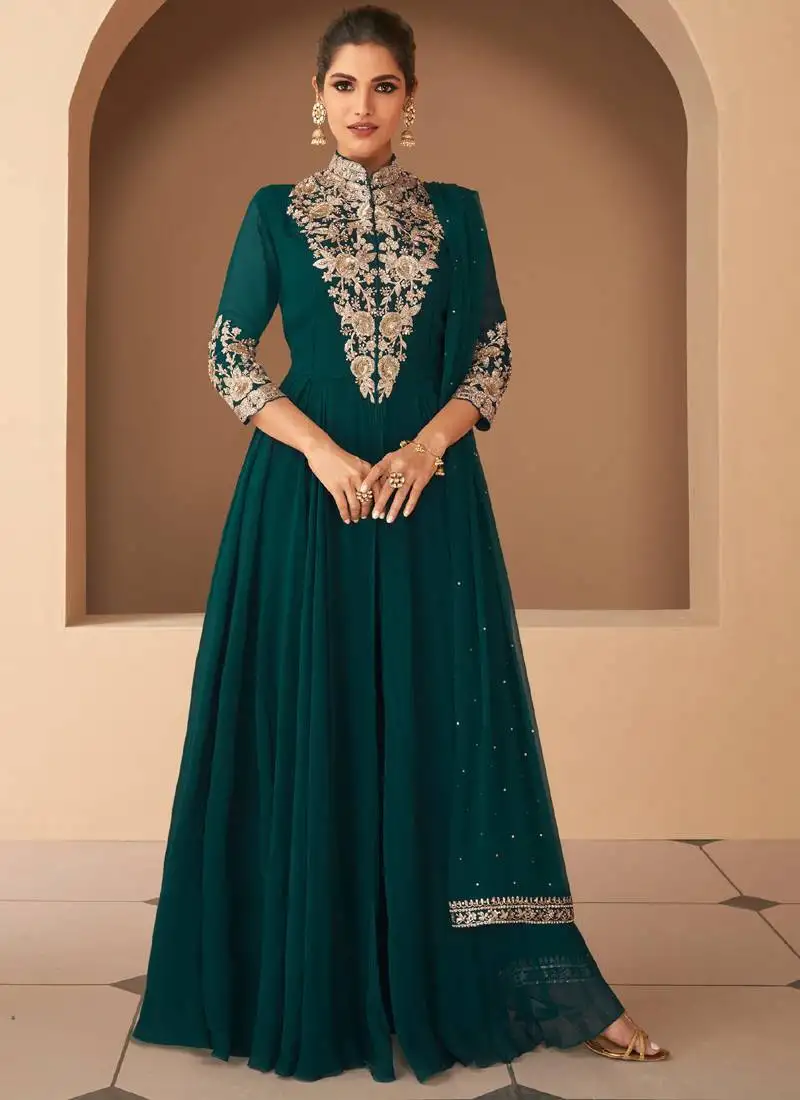 Teal green georgette embroidered anarkali suit stitched