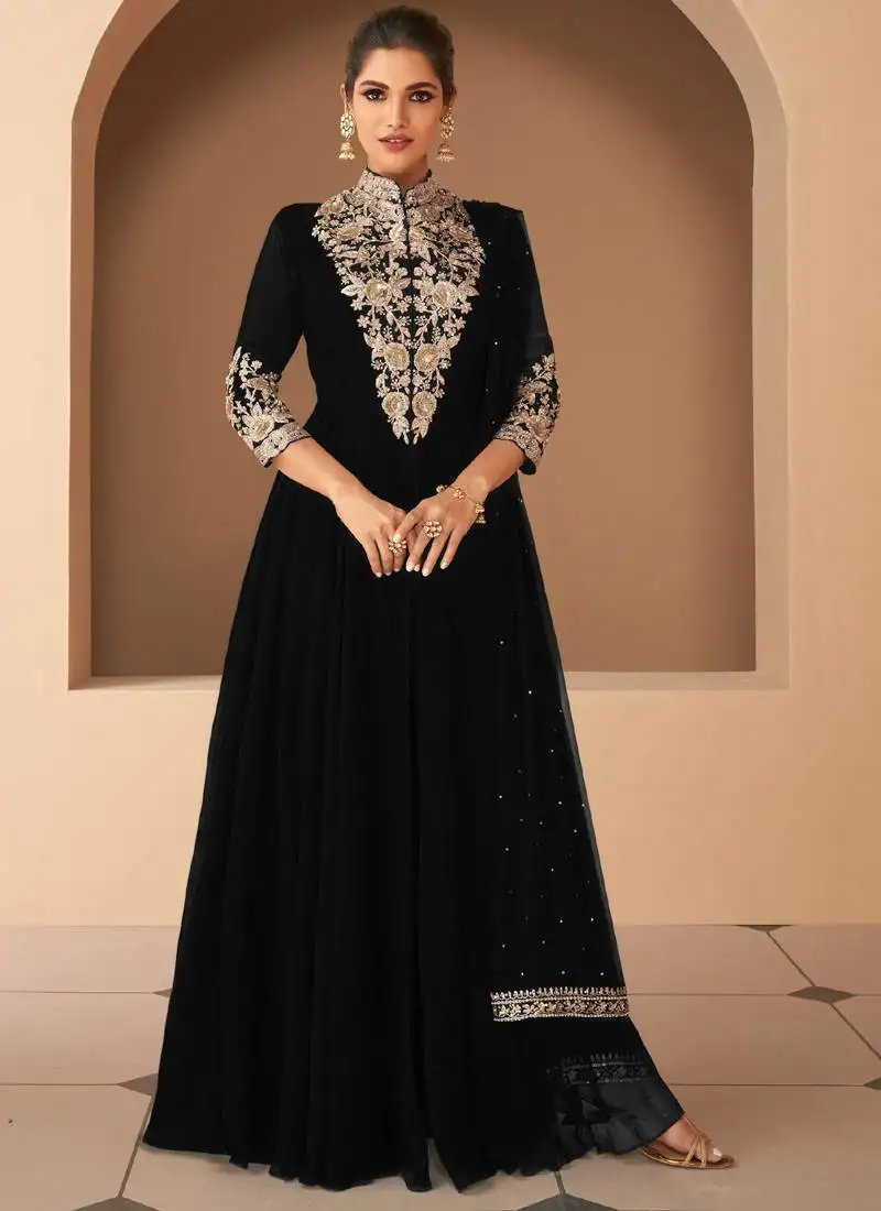 Black georgette embroidered anarkali suit stitched