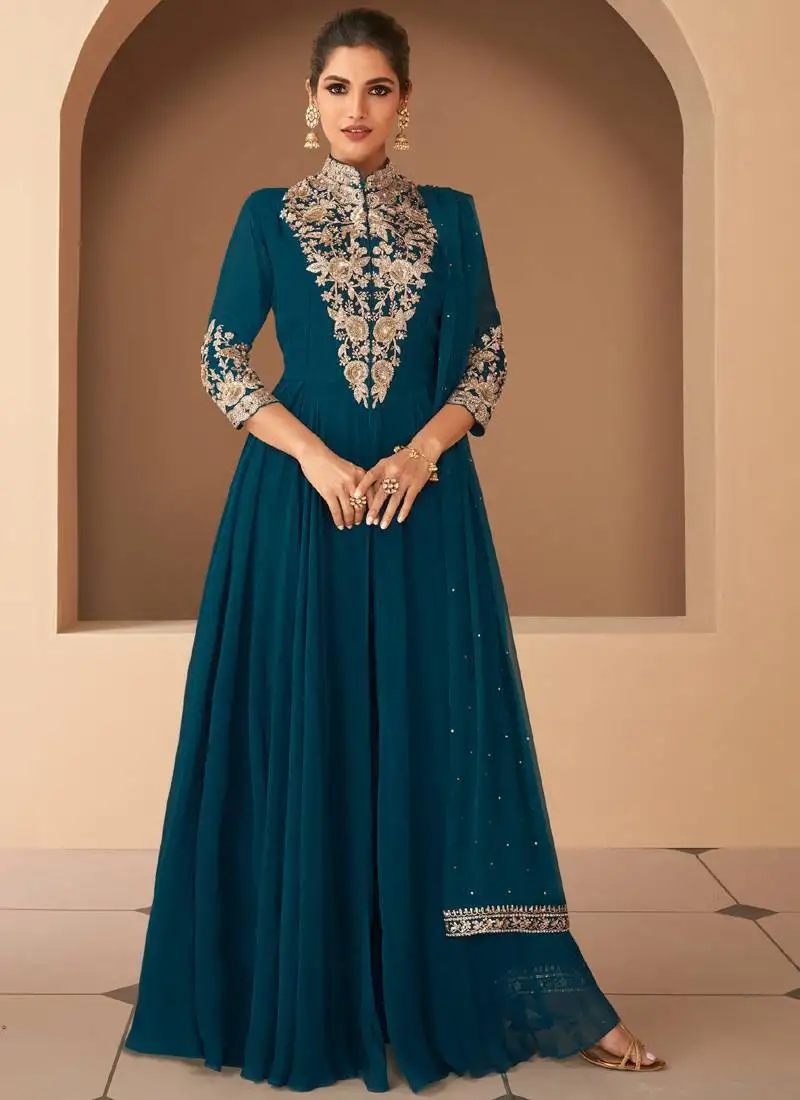 Royal blue georgette embroidered anarkali suit stitched