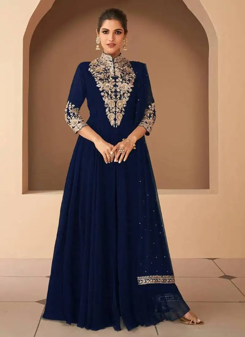 Blue georgette embroidered anarkali suit stitched