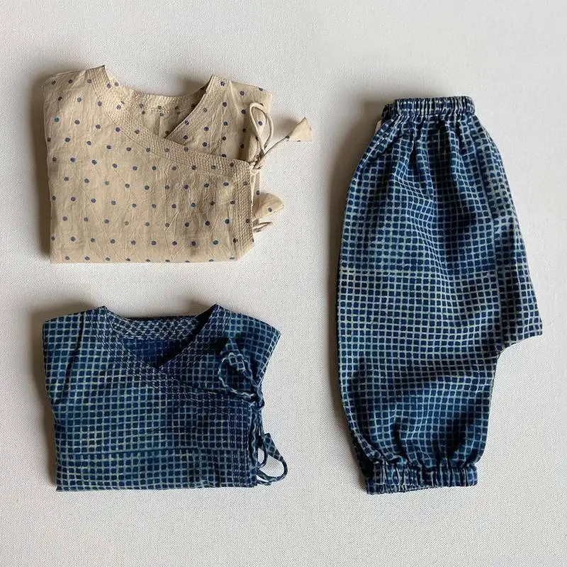 Organic indigo zoo bag with raidana - check angarakha & pants