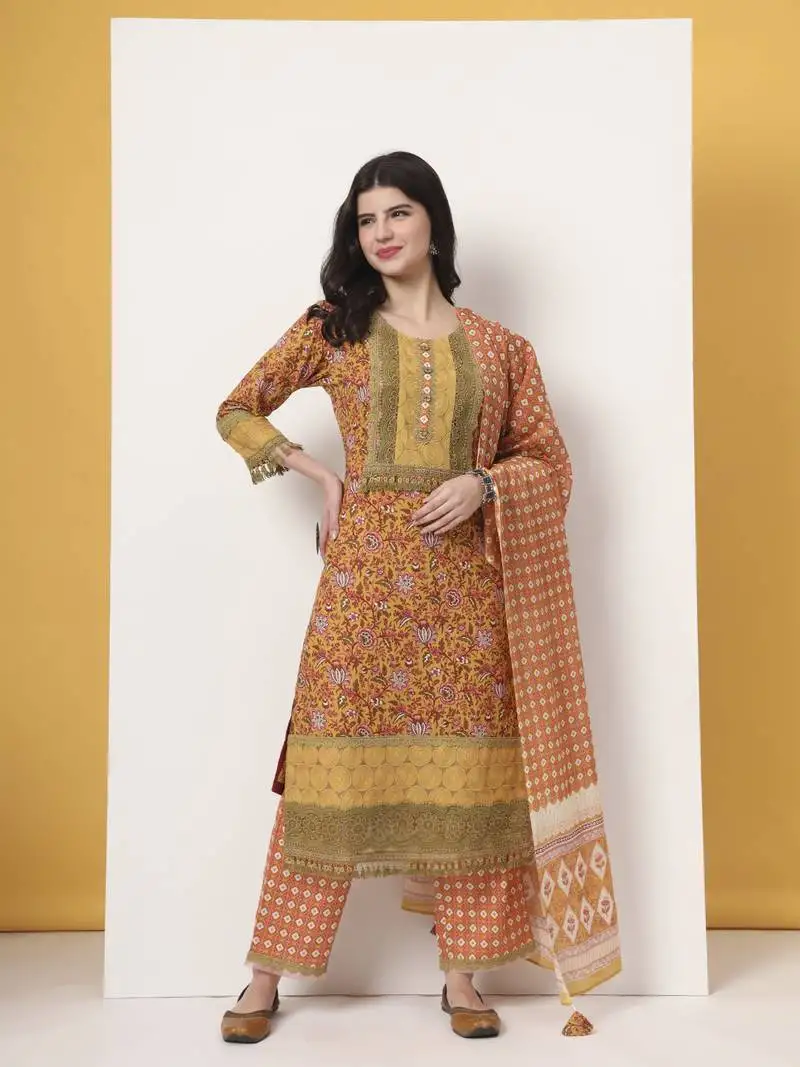 Cotton yellow kurta dupatta set with lace detailing