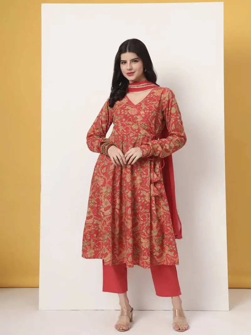 Red cotton anarkali kurta with dobby dupatta set