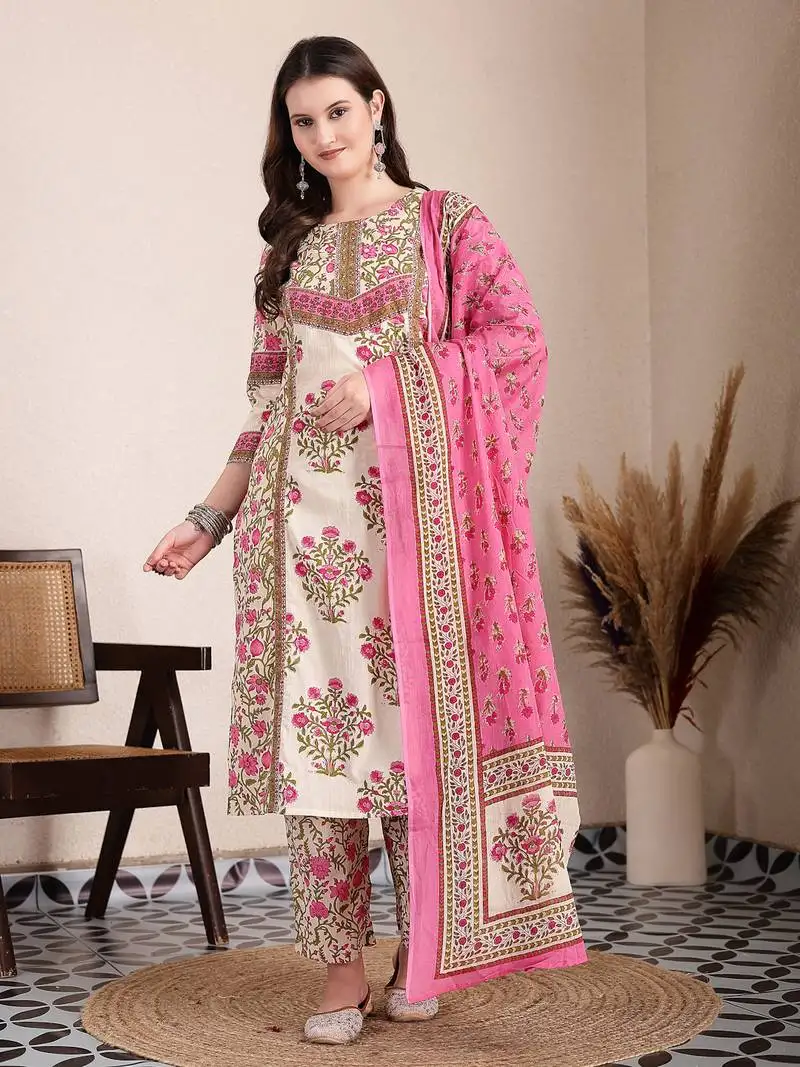 Pink and beige pure cotton floral,sequins work kurta dupatta set