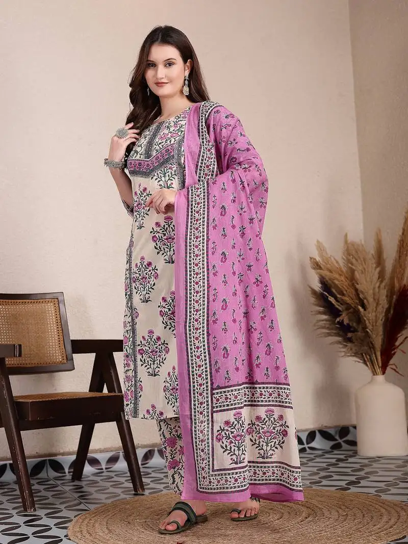 Purple and beige pure cotton floral,sequins work kurta dupatta set