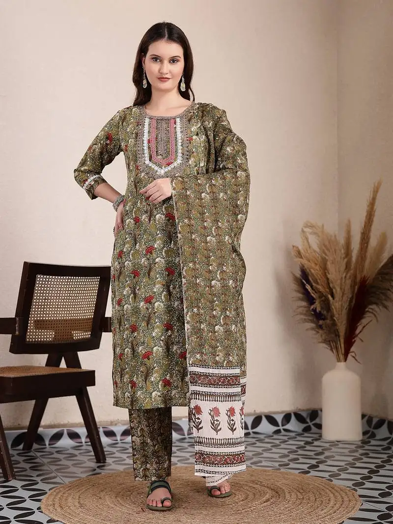 Green cotton lace work on yoke straight kurta dupatta pant set