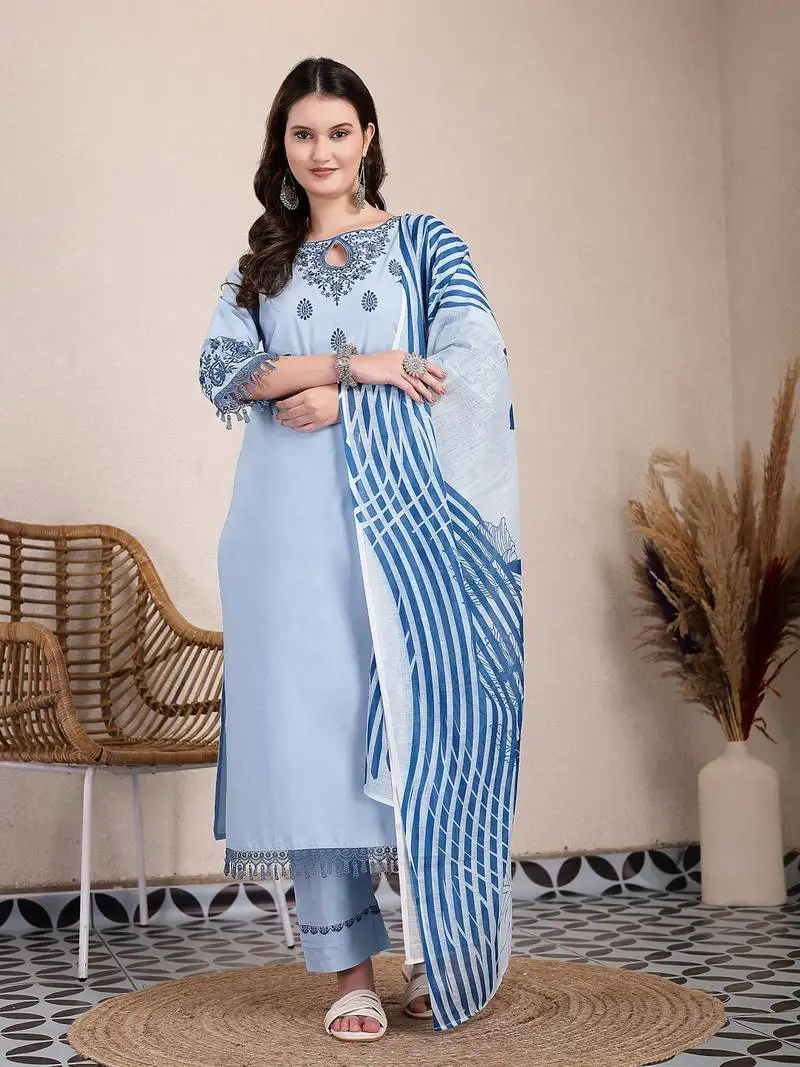 Sky blue solid thread work straight kurta trouser dupatta set