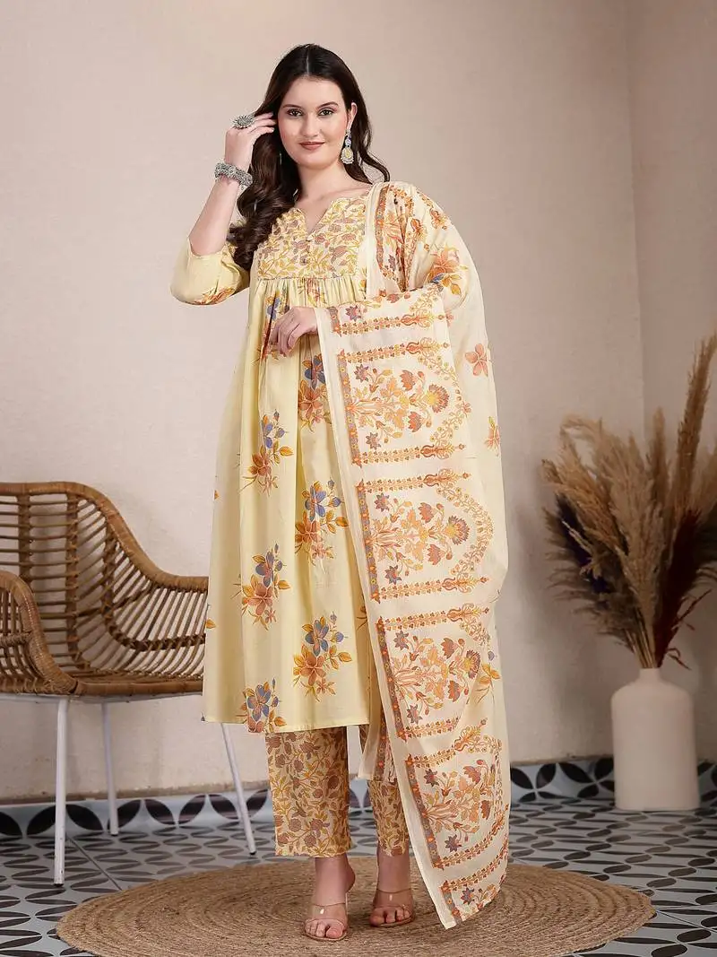 Yellow pure cotton a-line pleated kurta dupatta pant set