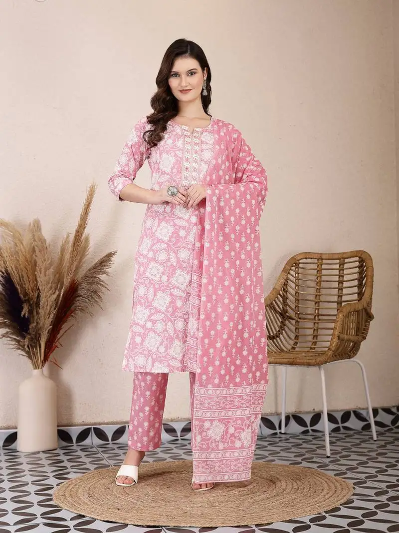 Pink ethnic motifs print straight kurta trouser dupatta set