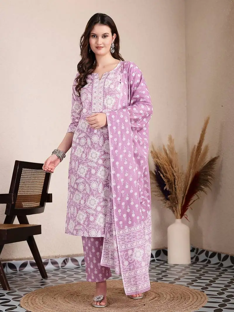 Purple ethnic motifs print straight kurta trouser dupatta set