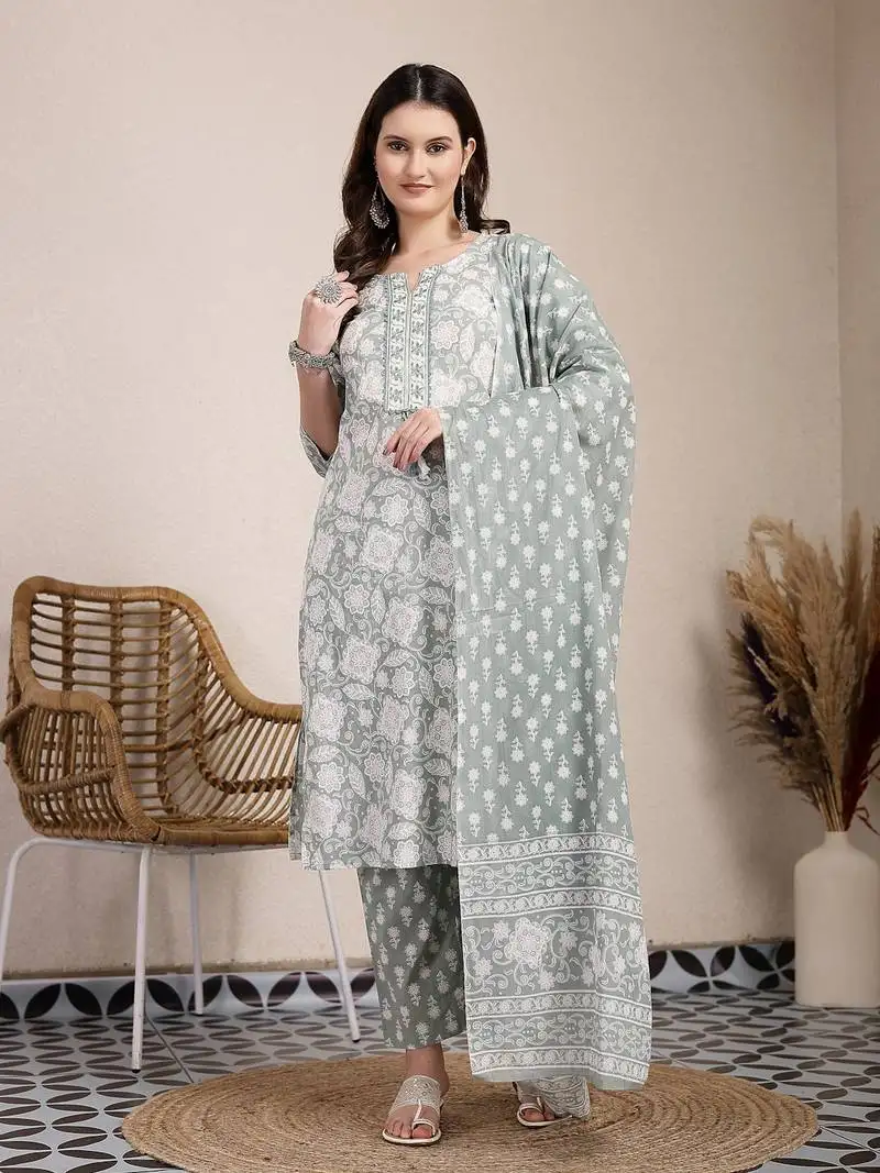 Sea green ethnic motifs print straight kurta trouser dupatta set