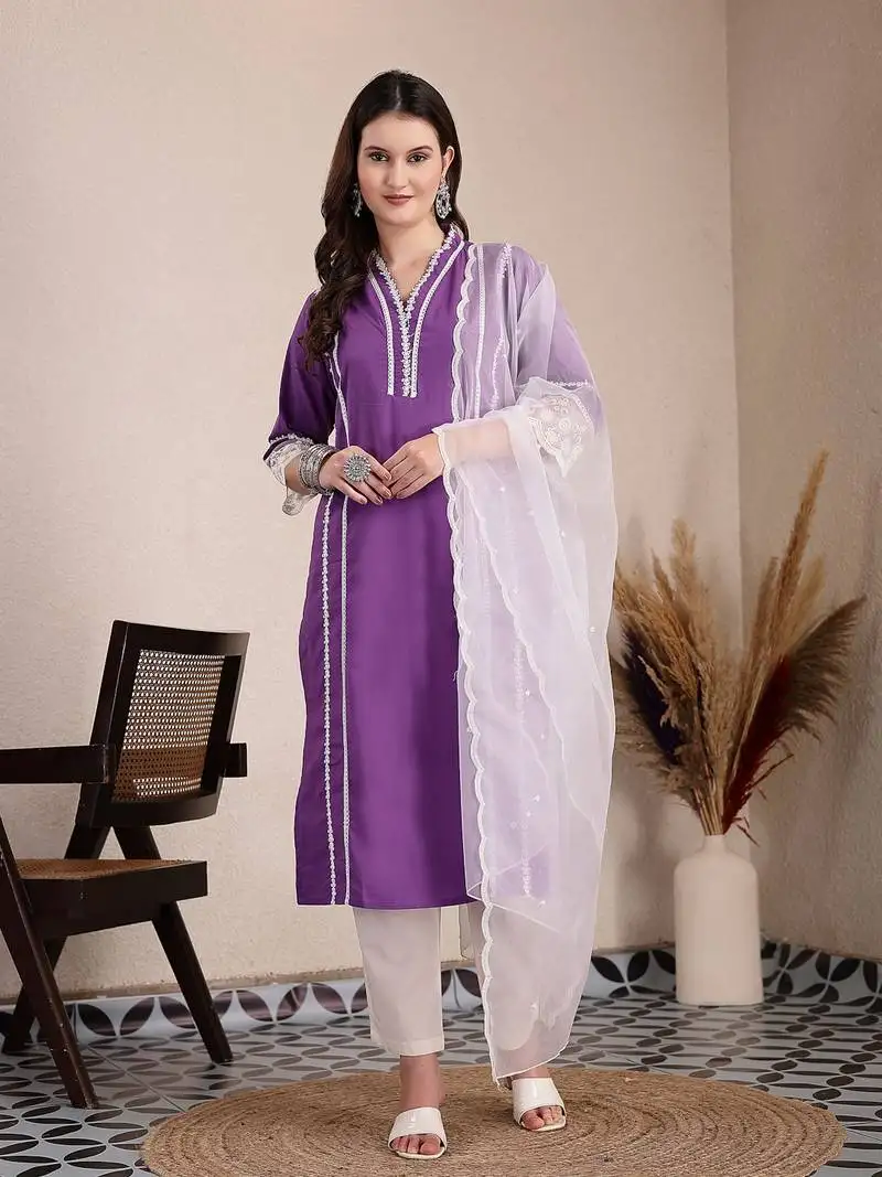 Purple premium cotton kurta dupatta pant set
