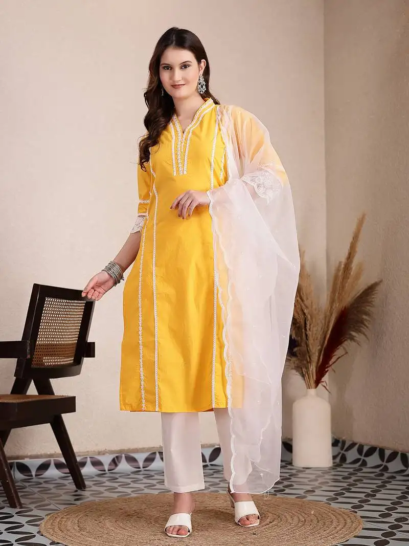 Yellow premium cotton kurta dupatta pant set