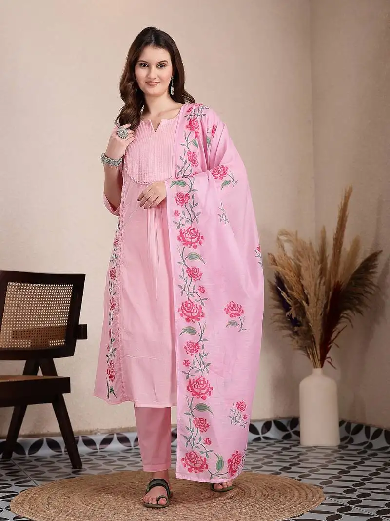 Pink pure cotton a-line pleated kurta dupatta pant set