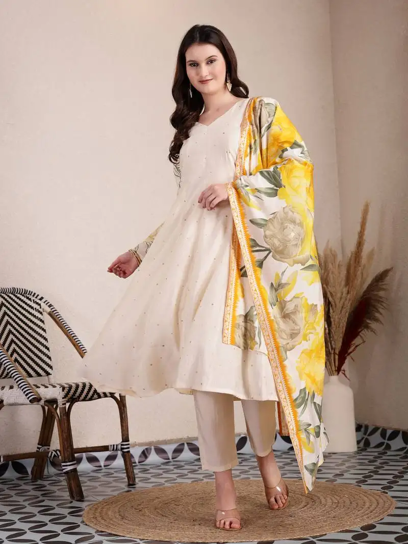 Cream silk blend anarkali kurta dupatta pant set