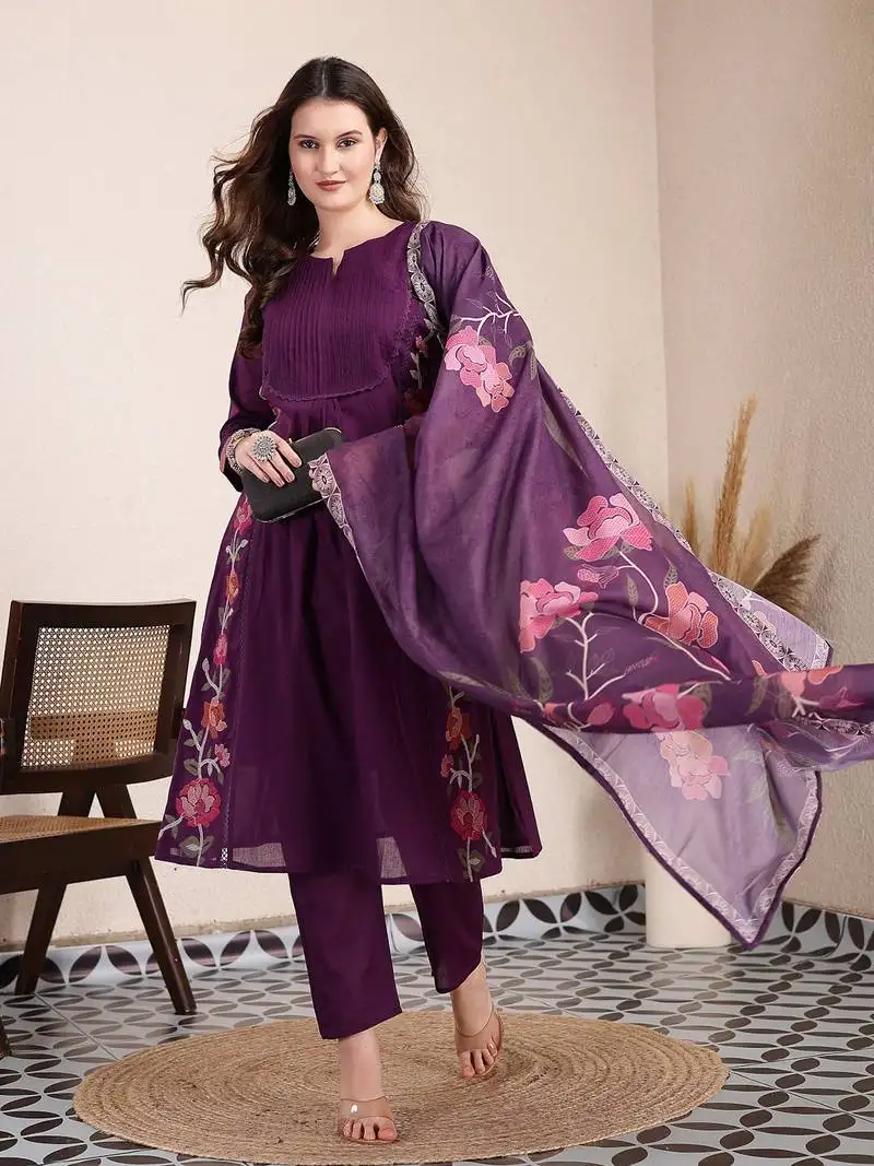 Purple pure cotton a-line pleated kurta dupatta pant set