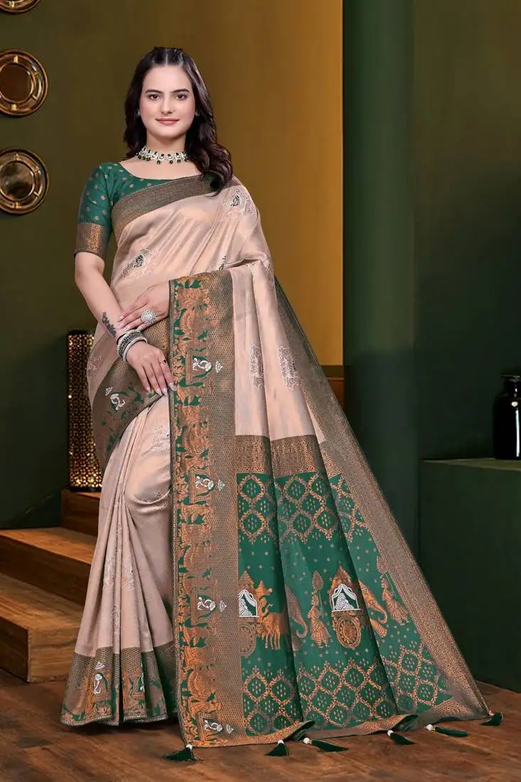 Beige woven kanjivaram jacquard art silk saree with blouse piece