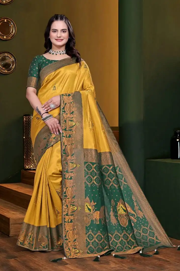 Yellow woven kanjivaram jacquard art silk saree with blouse piece
