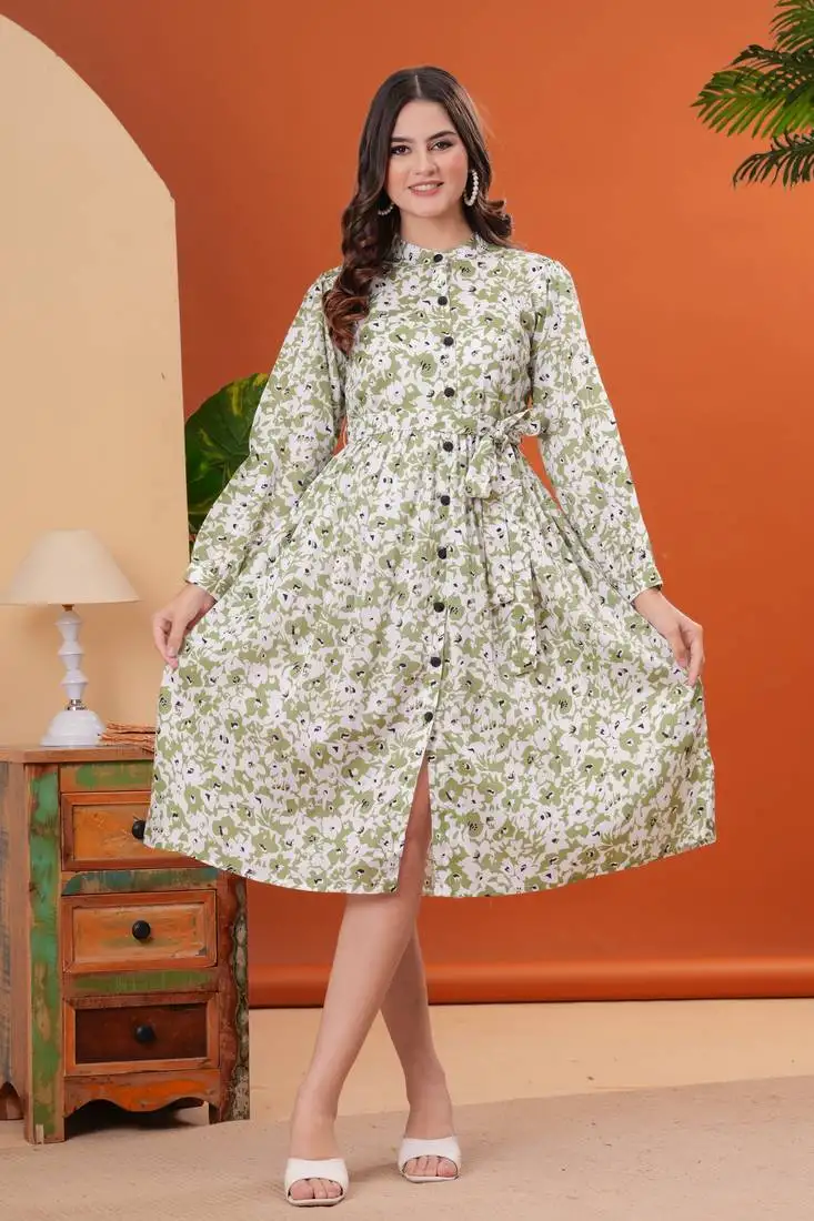 Women crepe fabric green color round neck below knee length full sleeve dress