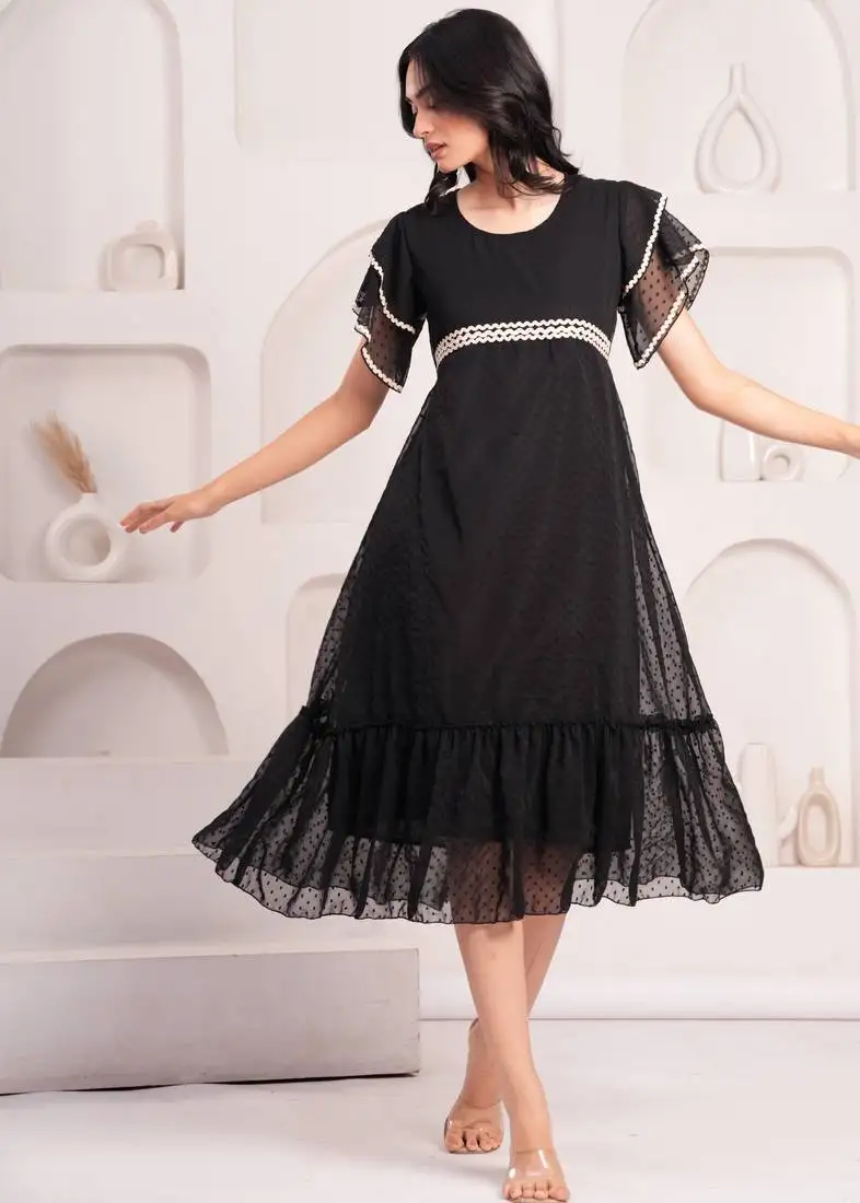 Women georgette fabric black color round neck calf length 1::4 or short sleeve dress