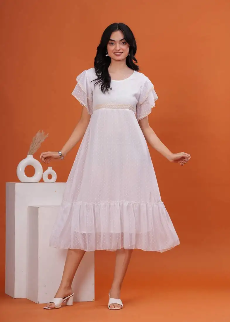 Women georgette fabric white color round neck calf length 1::4 or short sleeve dress