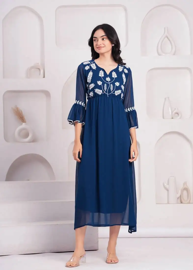 Women georgette fabric blue color v-neck neck calf length 3::4 sleeve dress