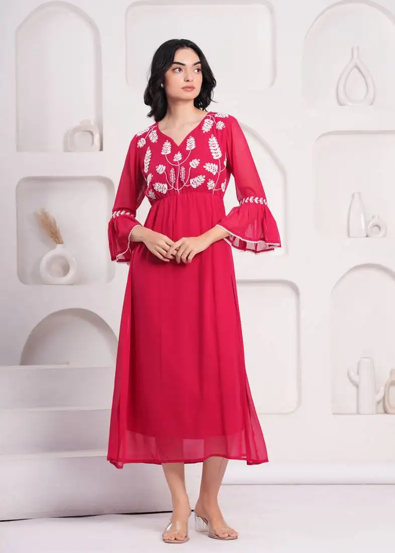 Women georgette fabric red color v-neck neck calf length 3::4 sleeve dress