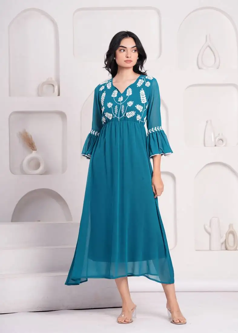 Women georgette fabric tealblue color v-neck neck calf length 3::4 sleeve dress